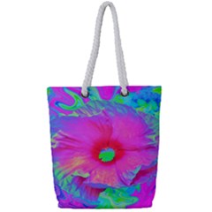 Psychedelic Pink And Red Hibiscus Flower Full Print Rope Handle Tote (small) by myrubiogarden