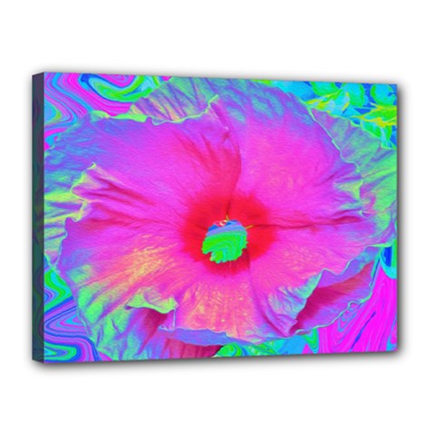 Psychedelic Pink And Red Hibiscus Flower Canvas 16  X 12  (stretched) by myrubiogarden