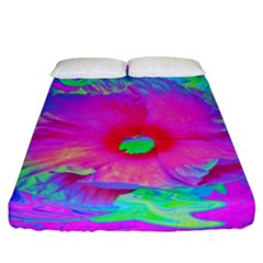 Psychedelic Pink And Red Hibiscus Flower Fitted Sheet (california King Size) by myrubiogarden