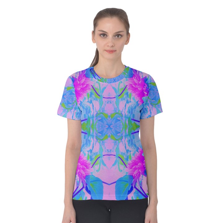 Pink And Purple Dahlia On Blue Pattern Women s Cotton Tee