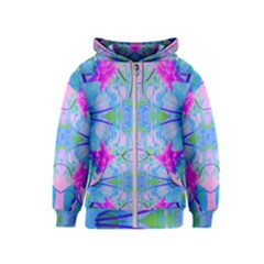 Pink And Purple Dahlia On Blue Pattern Kids  Zipper Hoodie by myrubiogarden