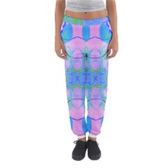 Pink And Purple Dahlia On Blue Pattern Women s Jogger Sweatpants by myrubiogarden