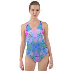 Pink And Purple Dahlia On Blue Pattern Cut-out Back One Piece Swimsuit by myrubiogarden