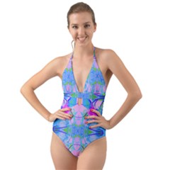 Pink And Purple Dahlia On Blue Pattern Halter Cut-out One Piece Swimsuit by myrubiogarden