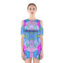 Pink And Purple Dahlia On Blue Pattern Shoulder Cutout One Piece Dress by myrubiogarden