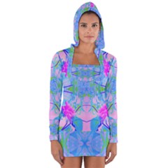 Pink And Purple Dahlia On Blue Pattern Long Sleeve Hooded T-shirt by myrubiogarden