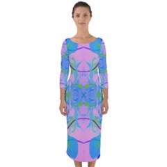 Pink And Purple Dahlia On Blue Pattern Quarter Sleeve Midi Bodycon Dress