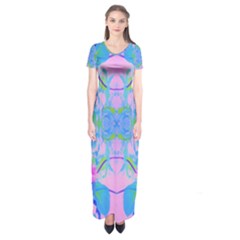 Pink And Purple Dahlia On Blue Pattern Short Sleeve Maxi Dress