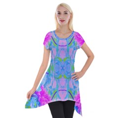 Pink And Purple Dahlia On Blue Pattern Short Sleeve Side Drop Tunic by myrubiogarden