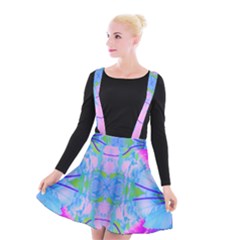 Pink And Purple Dahlia On Blue Pattern Suspender Skater Skirt by myrubiogarden