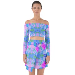 Pink And Purple Dahlia On Blue Pattern Off Shoulder Top With Skirt Set by myrubiogarden