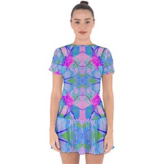 Pink And Purple Dahlia On Blue Pattern Drop Hem Mini Chiffon Dress by myrubiogarden