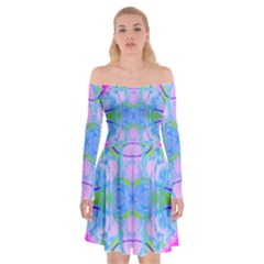 Pink And Purple Dahlia On Blue Pattern Off Shoulder Skater Dress by myrubiogarden