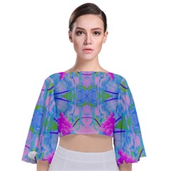 Pink And Purple Dahlia On Blue Pattern Tie Back Butterfly Sleeve Chiffon Top by myrubiogarden