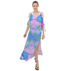 Pink And Purple Dahlia On Blue Pattern Maxi Chiffon Cover Up Dress by myrubiogarden