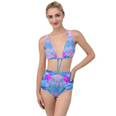 Pink And Purple Dahlia On Blue Pattern Tied Up Two Piece Swimsuit by myrubiogarden