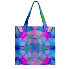 Pink And Purple Dahlia On Blue Pattern Zipper Grocery Tote Bag by myrubiogarden