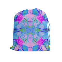 Pink And Purple Dahlia On Blue Pattern Drawstring Pouch (xl) by myrubiogarden