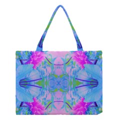 Pink And Purple Dahlia On Blue Pattern Medium Tote Bag by myrubiogarden