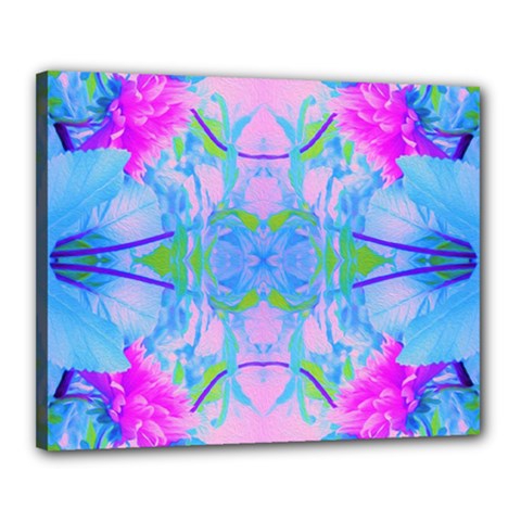 Pink And Purple Dahlia On Blue Pattern Canvas 20  X 16  (stretched) by myrubiogarden