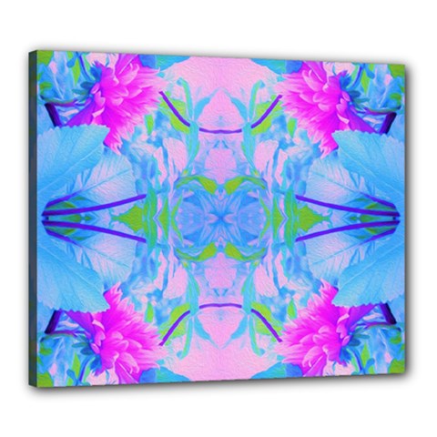 Pink And Purple Dahlia On Blue Pattern Canvas 24  X 20  (stretched) by myrubiogarden