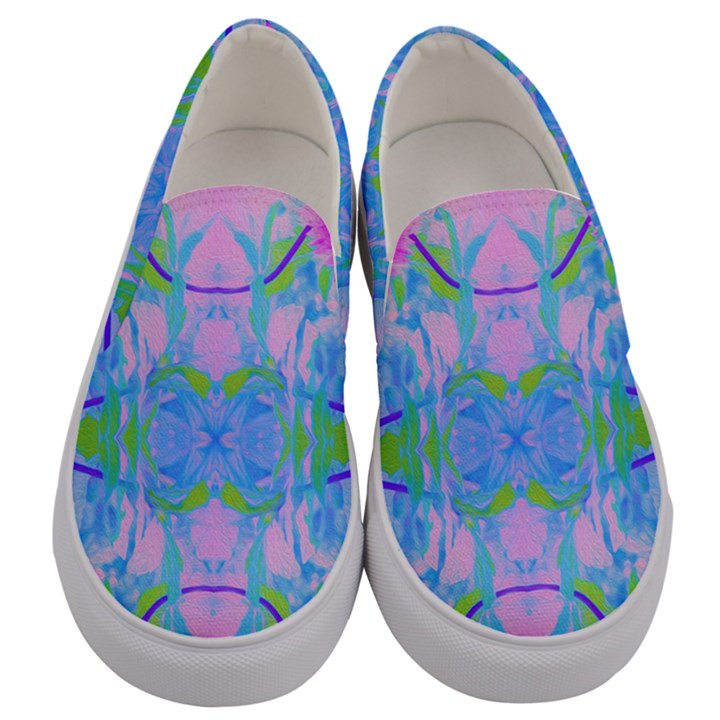 Pink And Purple Dahlia On Blue Pattern Men s Canvas Slip Ons