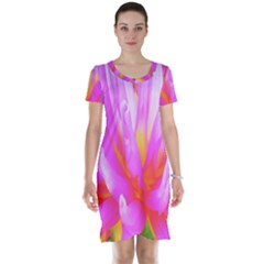 Fiery Hot Pink And Yellow Cactus Dahlia Flower Short Sleeve Nightdress by myrubiogarden