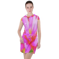 Fiery Hot Pink And Yellow Cactus Dahlia Flower Drawstring Hooded Dress