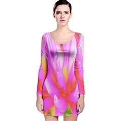 Fiery Hot Pink And Yellow Cactus Dahlia Flower Long Sleeve Velvet Bodycon Dress by myrubiogarden