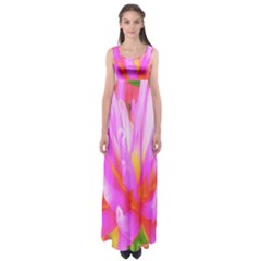 Fiery Hot Pink And Yellow Cactus Dahlia Flower Empire Waist Maxi Dress by myrubiogarden