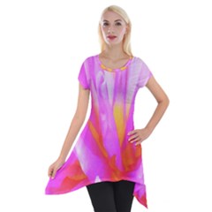 Fiery Hot Pink And Yellow Cactus Dahlia Flower Short Sleeve Side Drop Tunic by myrubiogarden