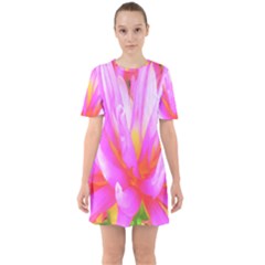 Fiery Hot Pink And Yellow Cactus Dahlia Flower Sixties Short Sleeve Mini Dress by myrubiogarden