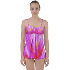 Fiery Hot Pink And Yellow Cactus Dahlia Flower Babydoll Tankini Set by myrubiogarden