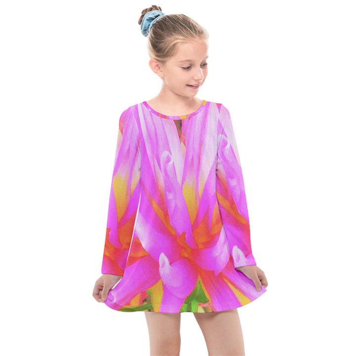 Fiery Hot Pink And Yellow Cactus Dahlia Flower Kids  Long Sleeve Dress