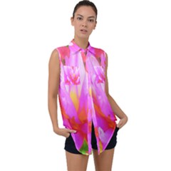 Fiery Hot Pink And Yellow Cactus Dahlia Flower Sleeveless Chiffon Button Shirt