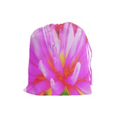 Fiery Hot Pink And Yellow Cactus Dahlia Flower Drawstring Pouch (large) by myrubiogarden