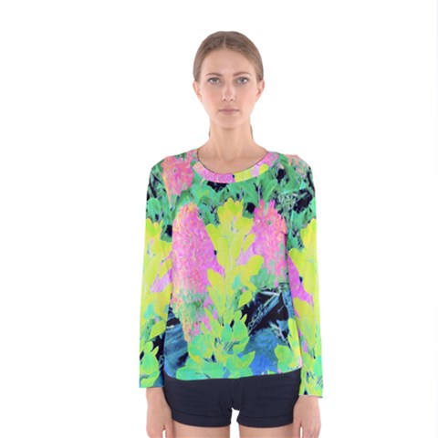 Fluorescent Yellow Smoke Tree With Pink Hydrangea Women s Long Sleeve Tee by myrubiogarden