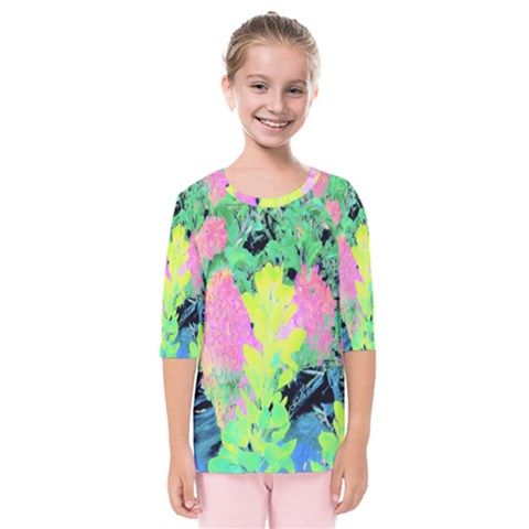 Fluorescent Yellow Smoke Tree With Pink Hydrangea Kids  Quarter Sleeve Raglan Tee by myrubiogarden