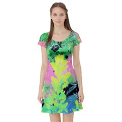 Fluorescent Yellow Smoke Tree With Pink Hydrangea Short Sleeve Skater Dress by myrubiogarden