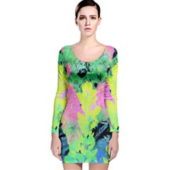 Fluorescent Yellow Smoke Tree With Pink Hydrangea Long Sleeve Velvet Bodycon Dress by myrubiogarden