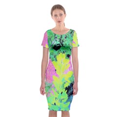 Fluorescent Yellow Smoke Tree With Pink Hydrangea Classic Short Sleeve Midi Dress by myrubiogarden