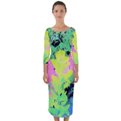 Fluorescent Yellow Smoke Tree With Pink Hydrangea Quarter Sleeve Midi Bodycon Dress by myrubiogarden