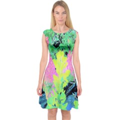 Fluorescent Yellow Smoke Tree With Pink Hydrangea Capsleeve Midi Dress by myrubiogarden