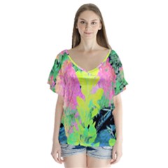 Fluorescent Yellow Smoke Tree With Pink Hydrangea V-neck Flutter Sleeve Top by myrubiogarden