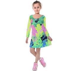 Fluorescent Yellow Smoke Tree With Pink Hydrangea Kids  Long Sleeve Velvet Dress by myrubiogarden