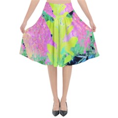 Fluorescent Yellow Smoke Tree With Pink Hydrangea Flared Midi Skirt by myrubiogarden