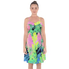 Fluorescent Yellow Smoke Tree With Pink Hydrangea Ruffle Detail Chiffon Dress by myrubiogarden