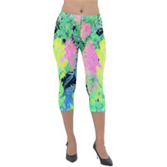 Fluorescent Yellow Smoke Tree With Pink Hydrangea Lightweight Velour Capri Leggings  by myrubiogarden