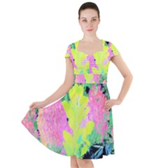 Fluorescent Yellow Smoke Tree With Pink Hydrangea Cap Sleeve Midi Dress by myrubiogarden