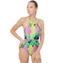 Fluorescent Yellow Smoke Tree With Pink Hydrangea High Neck One Piece Swimsuit View1